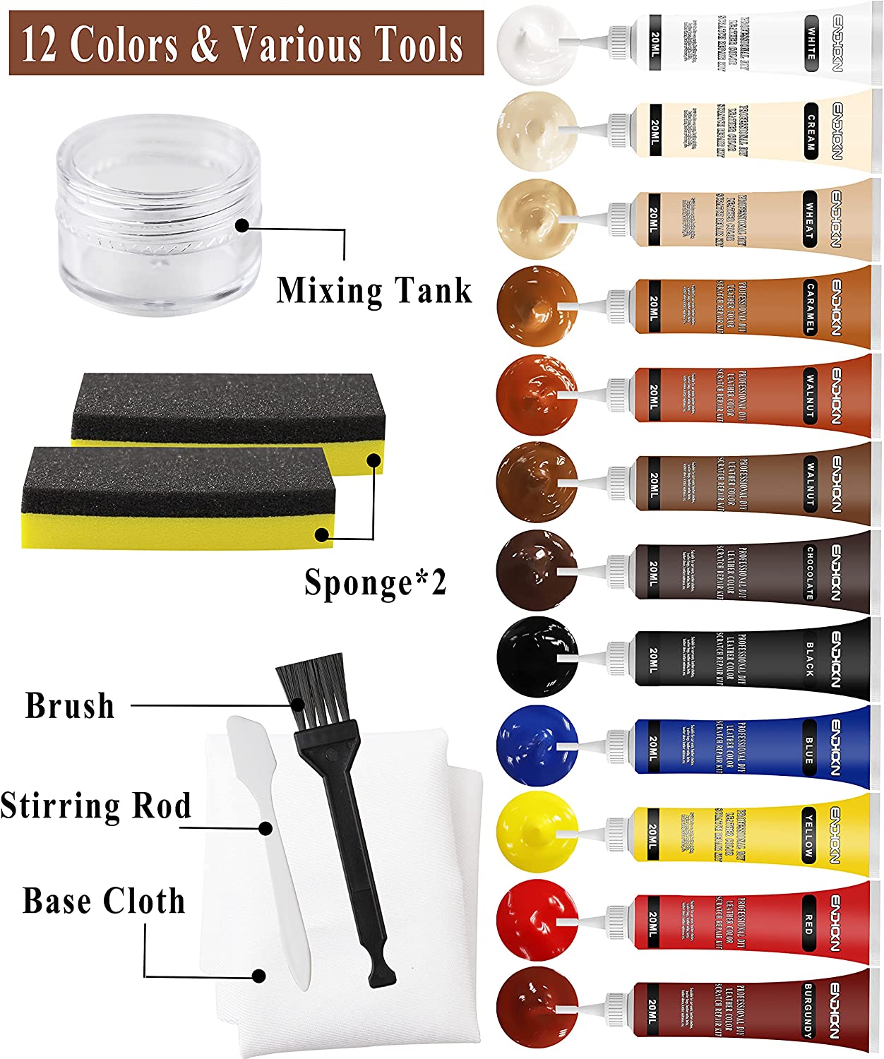 Endhokn Leather, Vinyl Recoloring Repair Kit - Car Seats, Sofas and Leather  Products Crack, Fade, Wear Color Repair Paste 200ml (12 Colors)